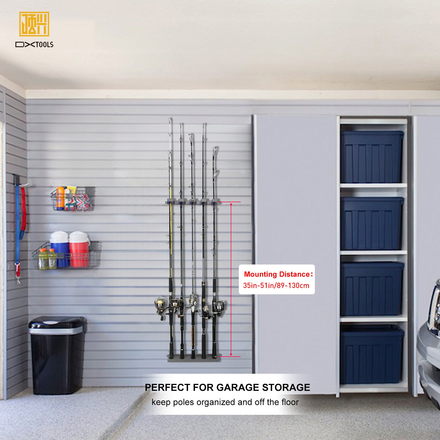 New coloured plastic rods show fixed shelf collections of 10 fishing gear accessories