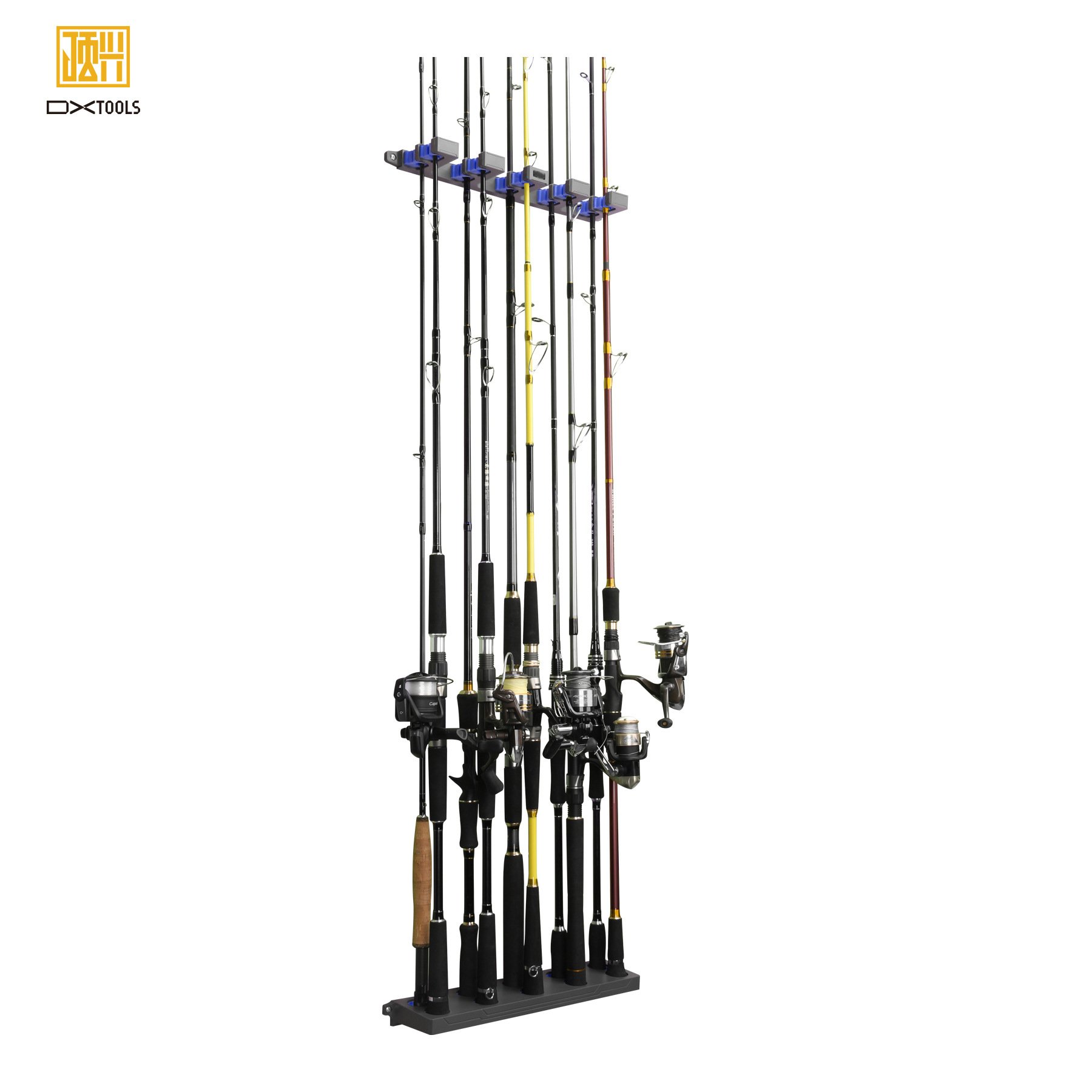 New coloured plastic rods show fixed shelf collections of 10 fishing gear accessories