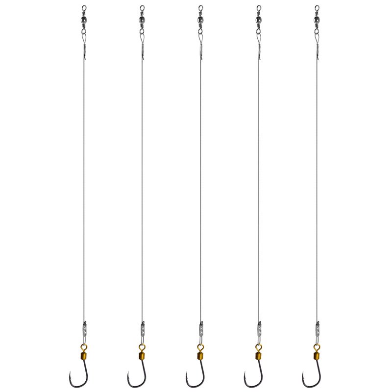 A wired hook with a single hook, a entangled and untwirled twirl hook, a mackerel hook