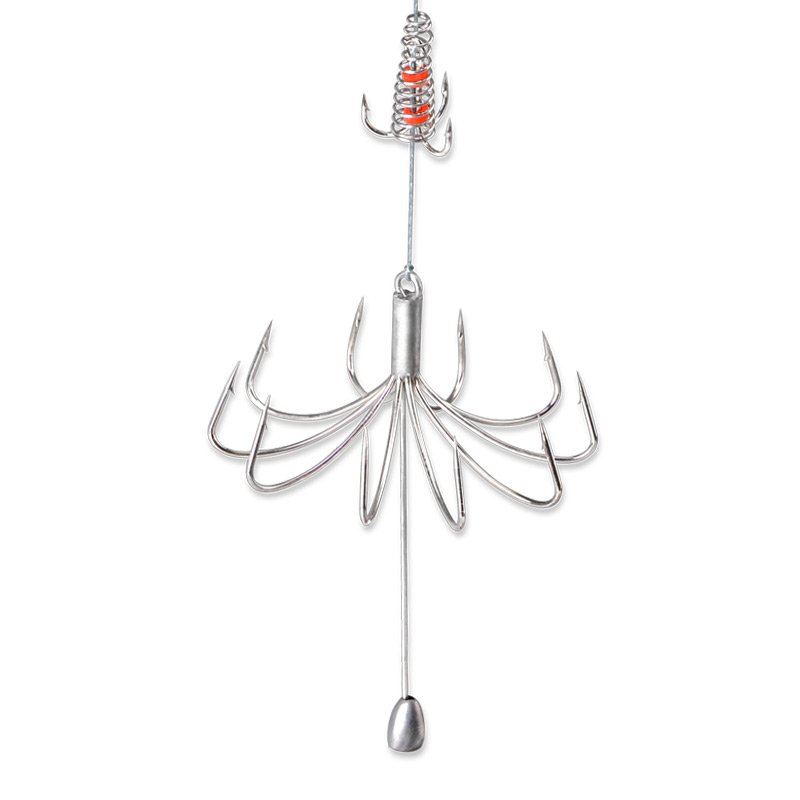 An anchor fish hook, a trident, ten claw hook hooks, and a lot of claws and hooks to the bottom