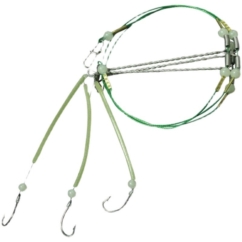 Sea-fished wire hooks, entangled around Marion fish hooks, a string of three-stringed boats, a white fruit stick team