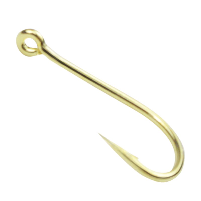 The gold-sleeved fish with a hole in the eye and a long handle to import the bulk carbon-stealed fish with white-coated pony hooks