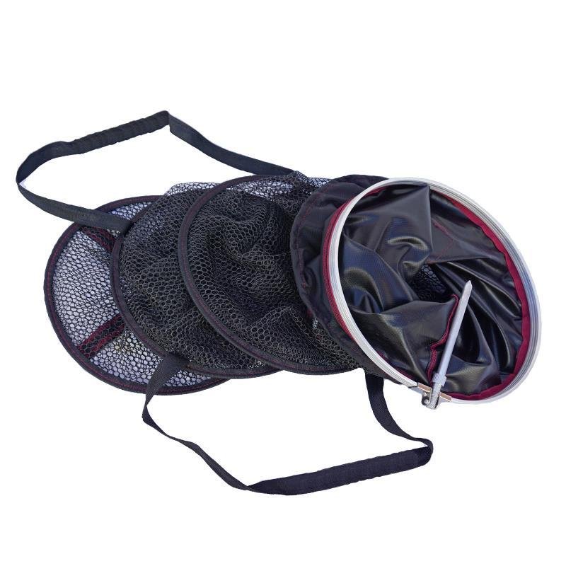 A fish net with a thick rubber-coated, fast-drived, small fish-cooped black hole and a fish-net bag