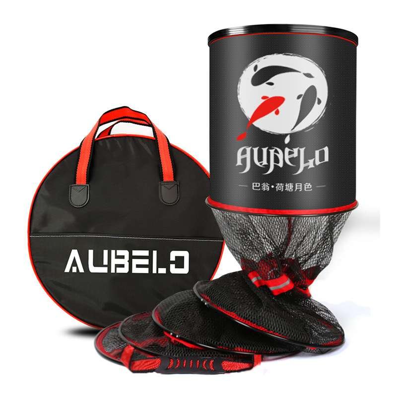 A new fish net with a thick black hole and a fishing bag with a bag full of fish and a bowl full of fish