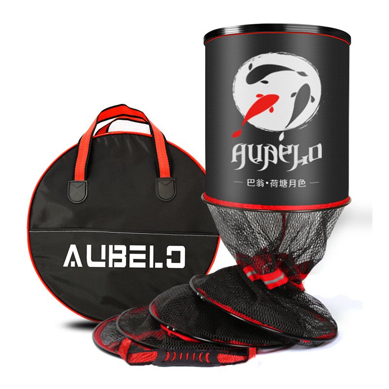 A new fish net with a thick black hole and a fishing bag with a bag full of fish and a bowl full of fish