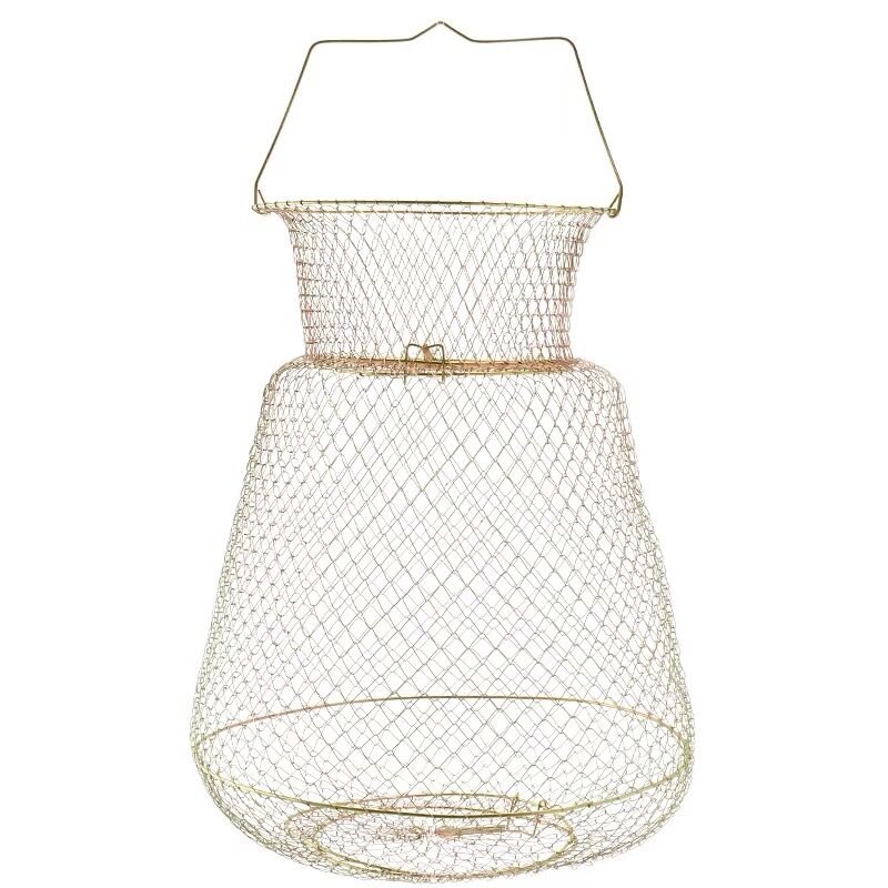 A new collage of a steel-wire net crotching a net full of crab shrimp and yellowfish, and a metallic fisher