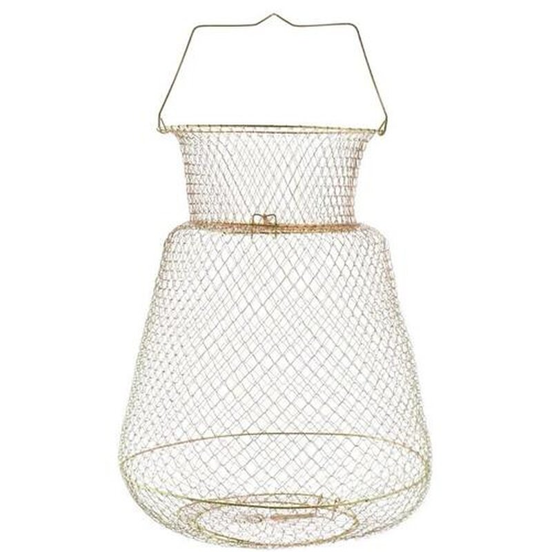 A new collage of a steel-wire net crotching a net full of crab shrimp and yellowfish, and a metallic fisher