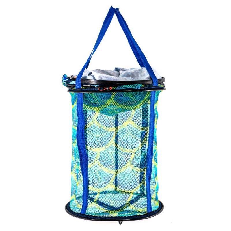 New rubber-coated, live-covered fish net with thick black pits and bags of fish, dry and clear