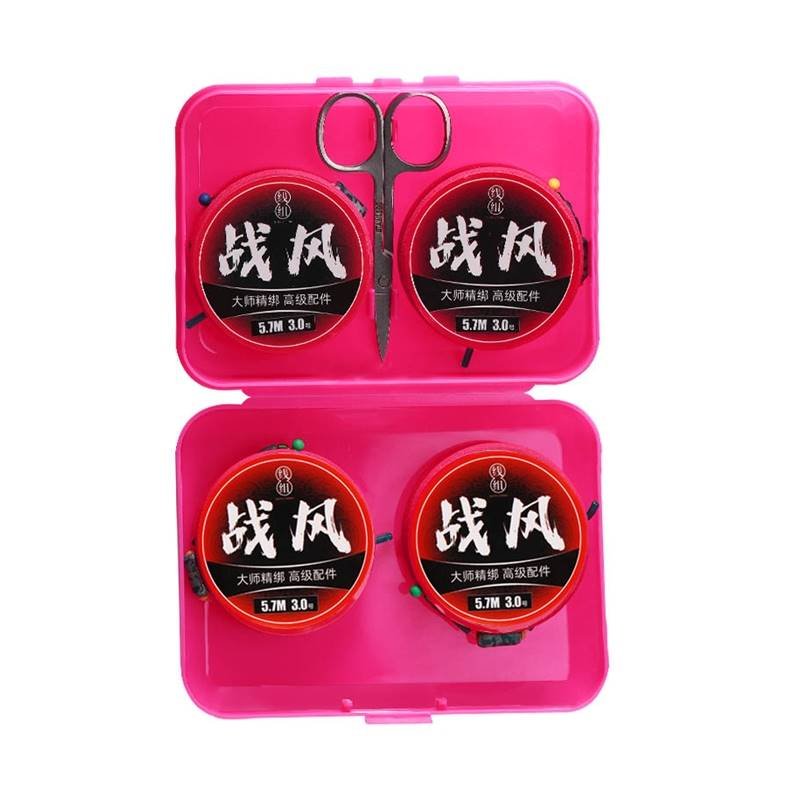 A box of four rolls of fishing lines tied to a full line and a full table