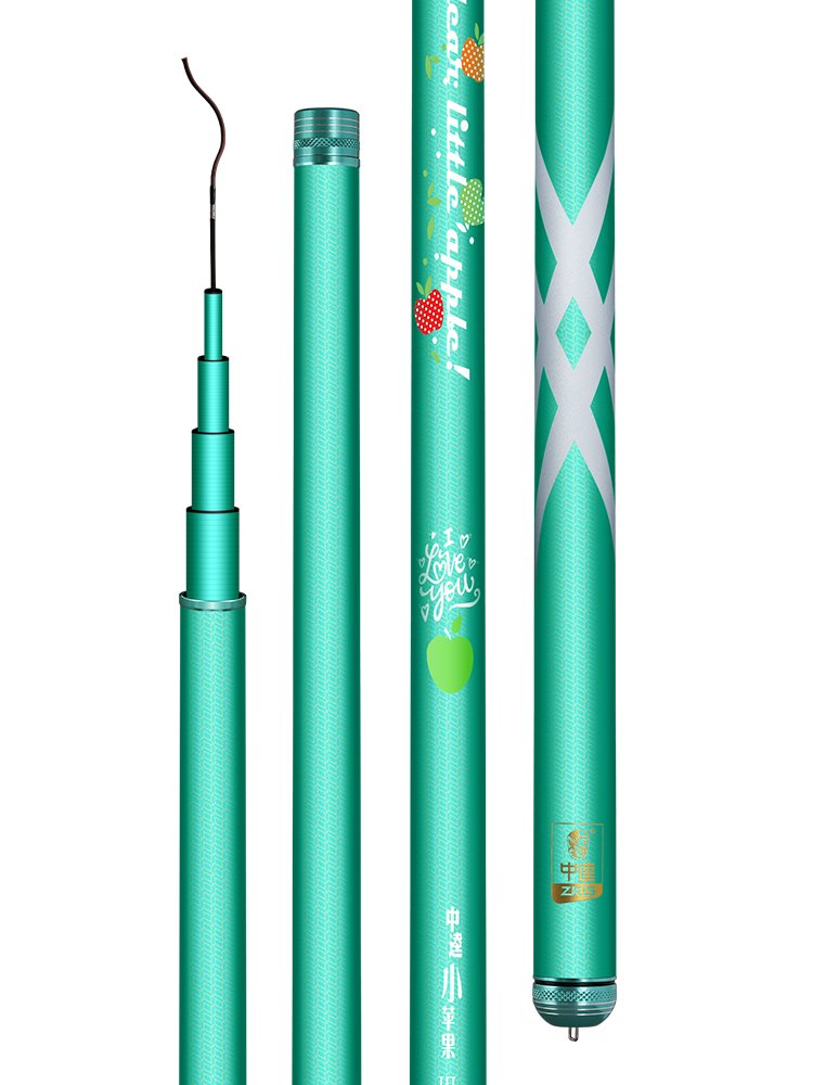 A 3-stage fishing pole with a small, medium-sized apple