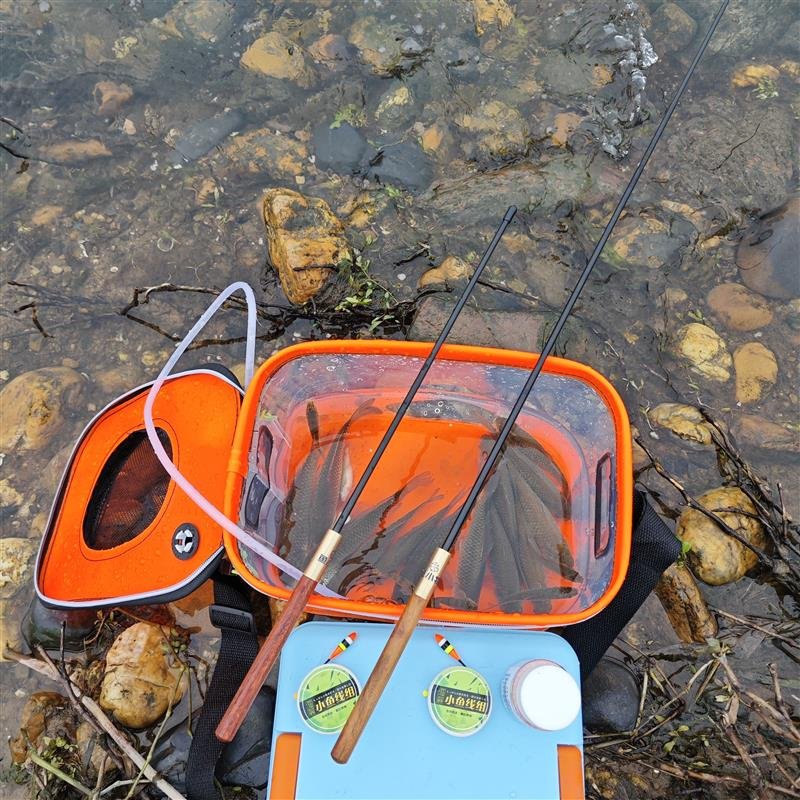 Small-scale fishing with small hand-carrying fish poles and new family members outside of the house