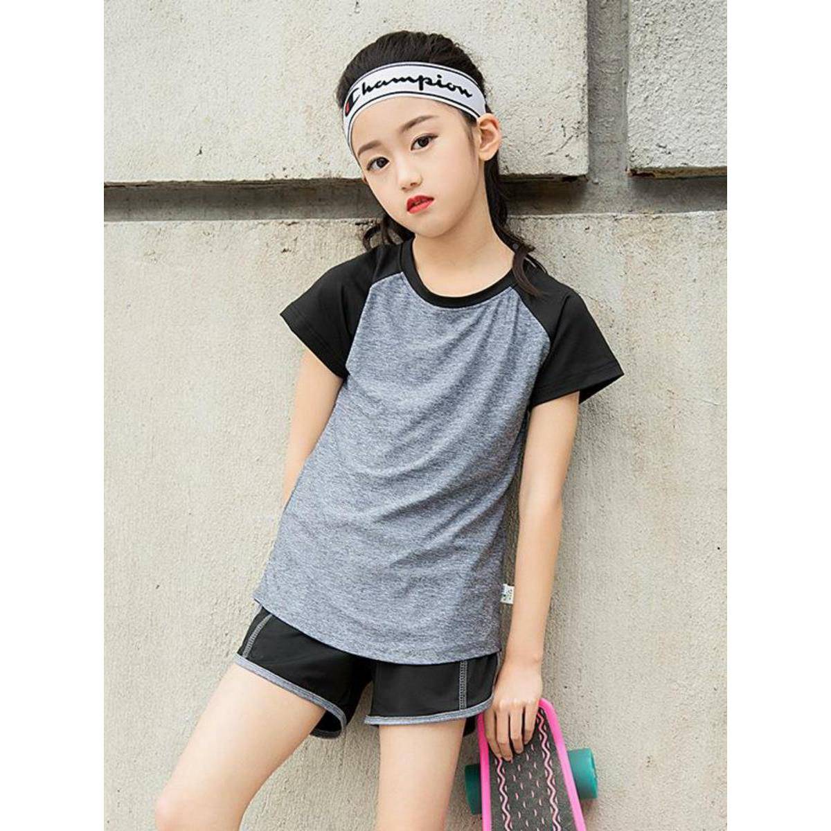 l Girls' sports suit Summer short -sleeved children fast dry clothes girl running sportswear tennis jump fuck yoga
