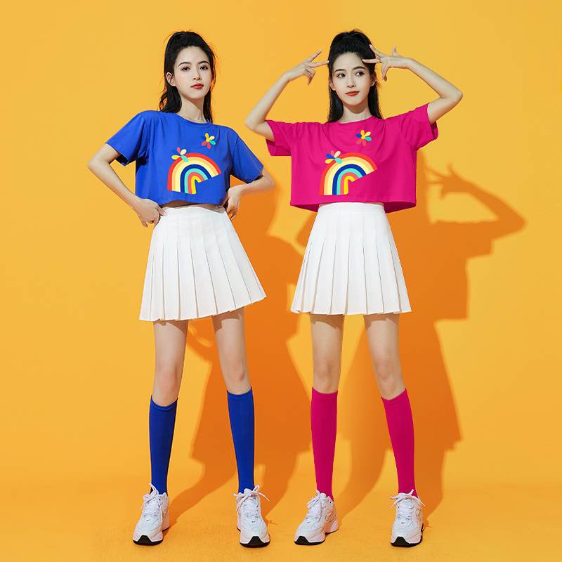 Candy -colored short -sleeved pleated skirt adult student Rainbow cheerleading team gymnastic jazz dance show