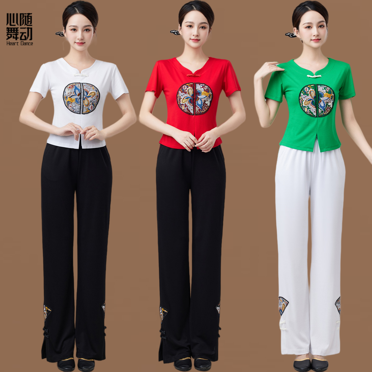 Plaza dance clothing new model 2024 summer classical national style set buckle large size jump fucking fitting fitness suit female