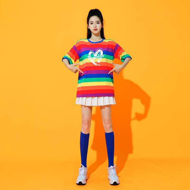 Women's group rainbow top pleated skirt adult student cheerleading team gymnastics youthful vitality dance performance service