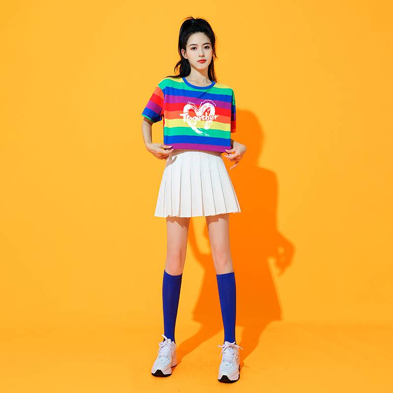 Women's group rainbow top pleated skirt adult student cheerleading team gymnastics youthful vitality dance performance service