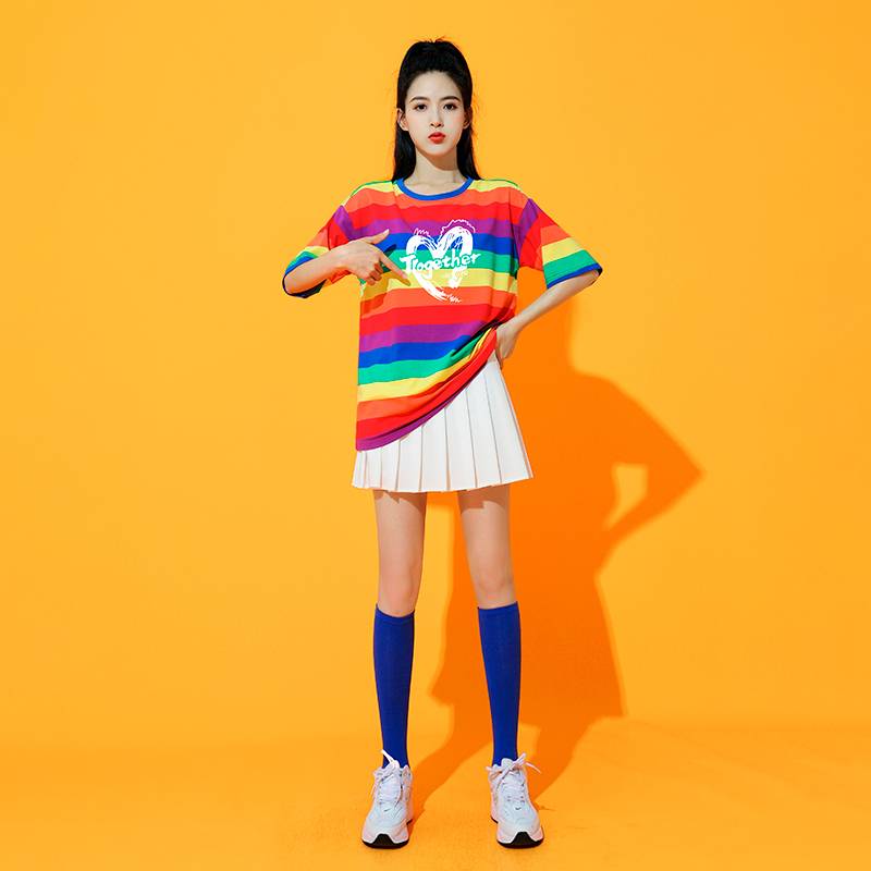 Women's group rainbow top pleated skirt adult student cheerleading team gymnastics youthful vitality dance performance service