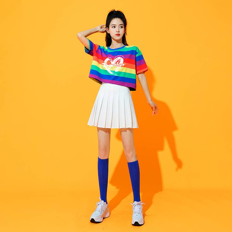 Women's group rainbow top pleated skirt adult student cheerleading team gymnastics youthful vitality dance performance service