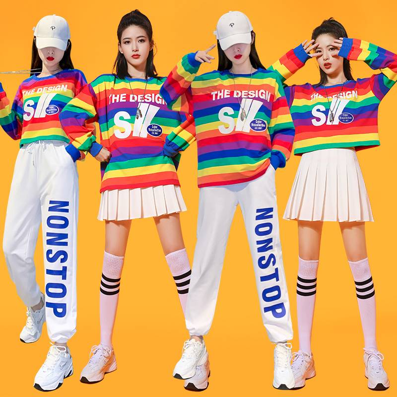 The new laba fucking performance service Korean dance women's group Rainbow sweater pleated skirt set female adult jazz dance performance