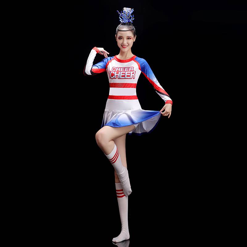 ♪ Blue cheerleading girls in long-sleeve adult gym girls dance costumes ♪