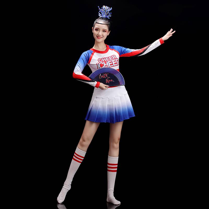 ♪ Blue cheerleading girls in long-sleeve adult gym girls dance costumes ♪