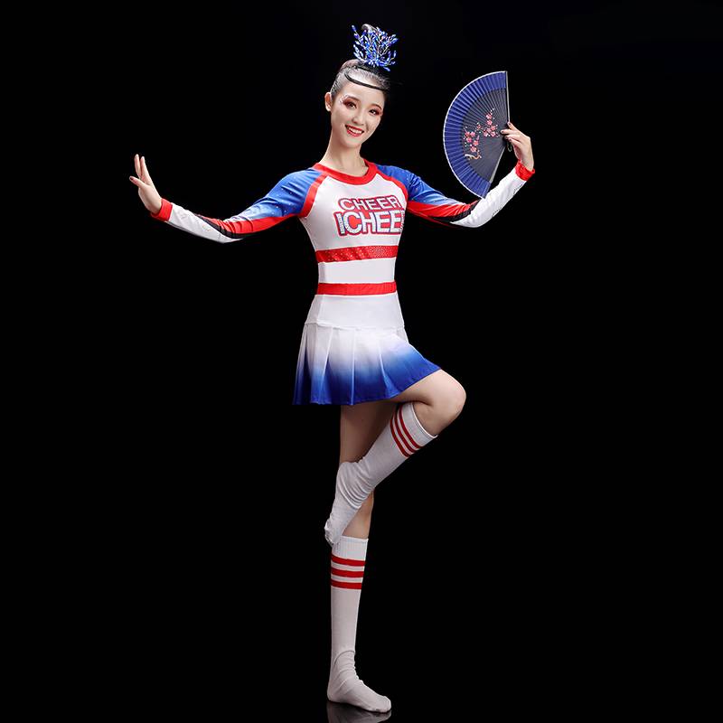 ♪ Blue cheerleading girls in long-sleeve adult gym girls dance costumes ♪