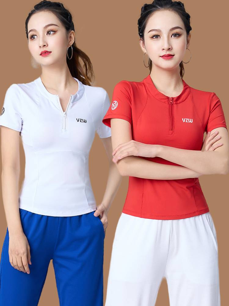 Plaza dance new shirt in summer fast dry short -sleeved sports clothing Yang Liping dancing dancing fitness exercise thin clothes women