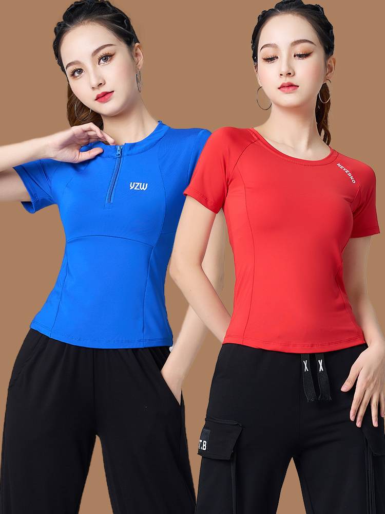 Plaza dance new shirt in summer fast dry short -sleeved sports clothing Yang Liping dancing dancing fitness exercise thin clothes women