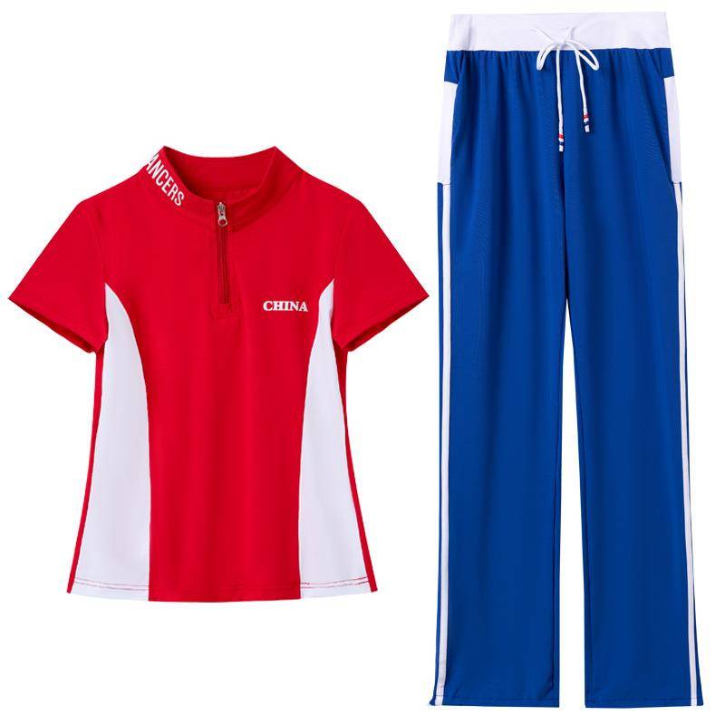 2024 Summer Plaza Dance Clothing New Set Sports Fitness Short Sleeping Skirt Running Group Fitness Women