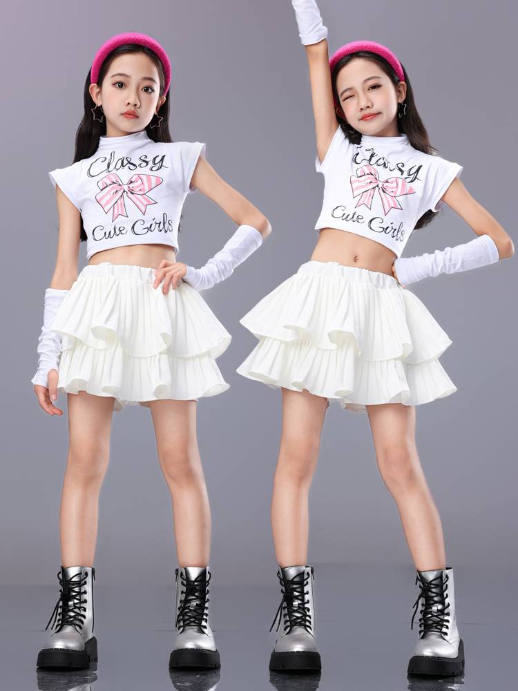 Girl's Jazz Dance Clothing Tide Cool Model Cool Model Dew Umbilical Wide Tide Female Team Dopamine Children Performance Services