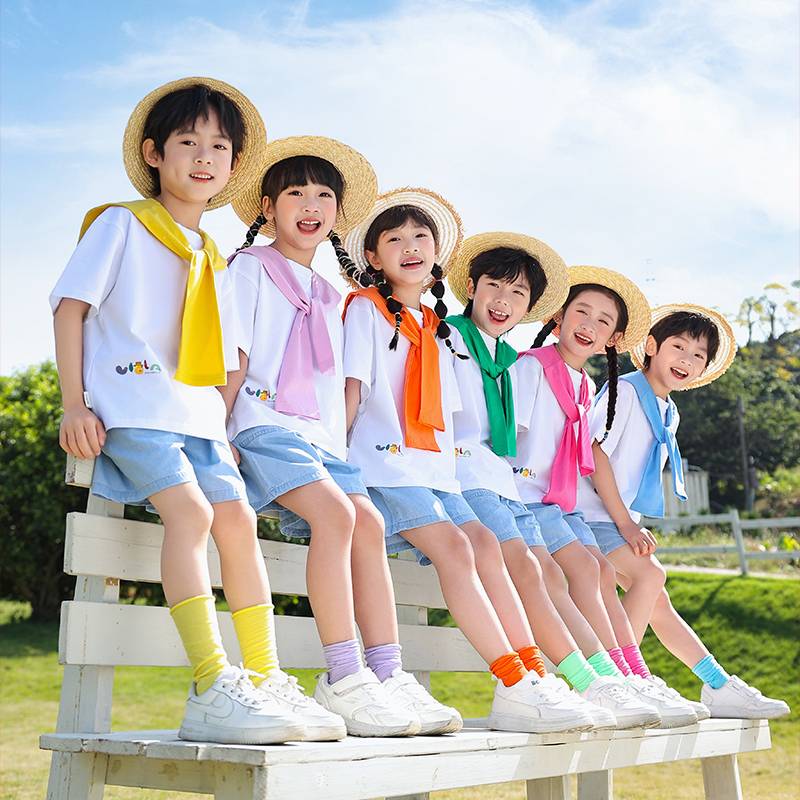 Children's performance service jeans set Kindergarten graduation photos candy color shawl autumn primary school students la la la team performance