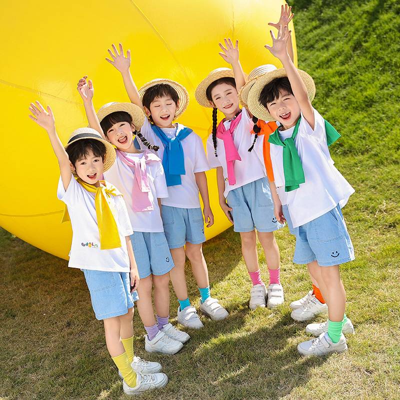 Children's performance service jeans set Kindergarten graduation photos candy color shawl autumn primary school students la la la team performance