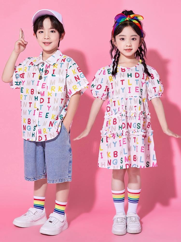 Summer Children La Team Performance Server Primary School Student Class Server Performance Set Kindergarten Cute Wind Fitters Dress