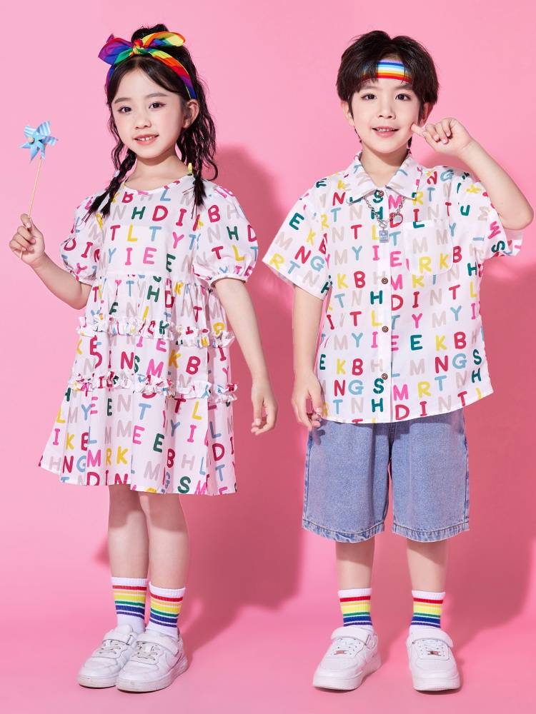 Summer Children La Team Performance Server Primary School Student Class Server Performance Set Kindergarten Cute Wind Fitters Dress