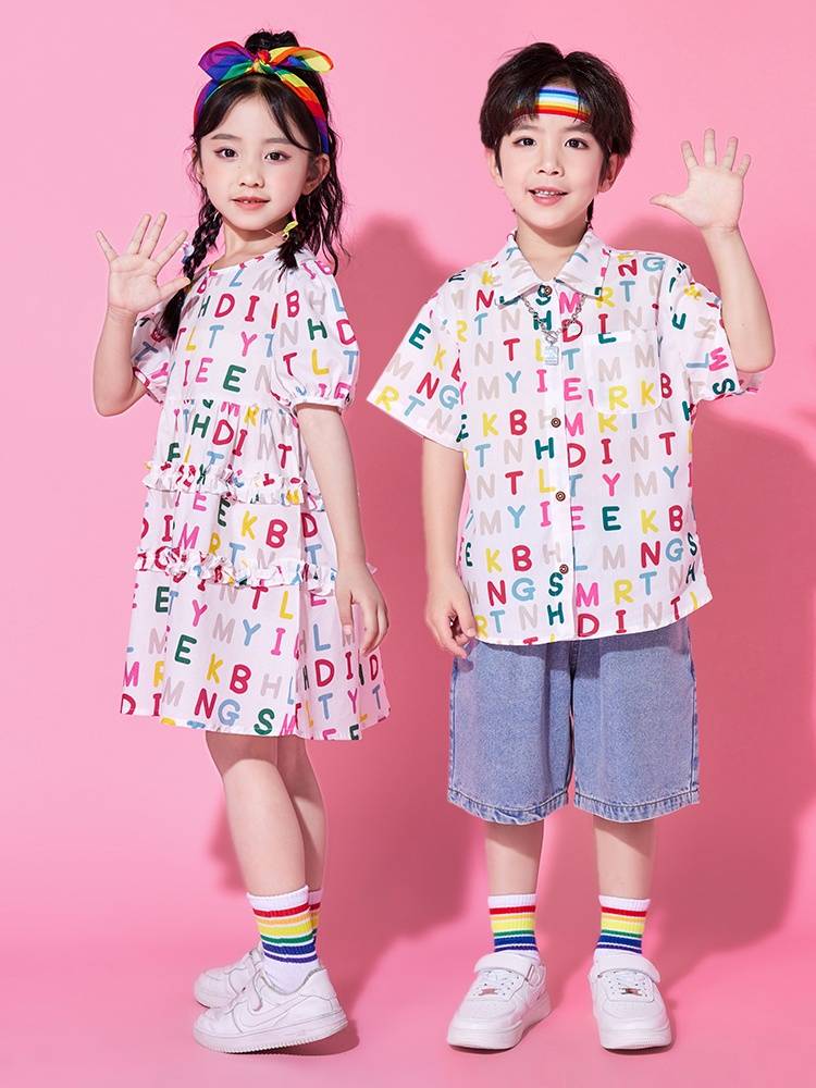 Summer Children La Team Performance Server Primary School Student Class Server Performance Set Kindergarten Cute Wind Fitters Dress