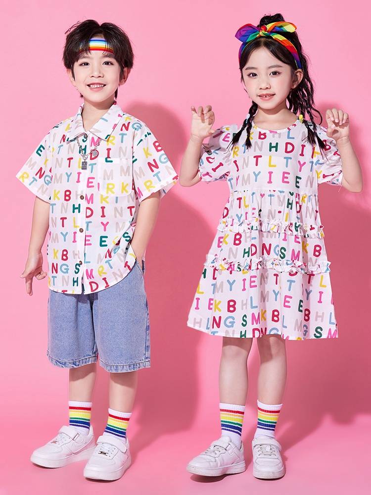 Summer Children La Team Performance Server Primary School Student Class Server Performance Set Kindergarten Cute Wind Fitters Dress