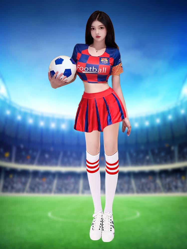 A sports party, a dance costume, a European soccer-baby, a cheerleader costume