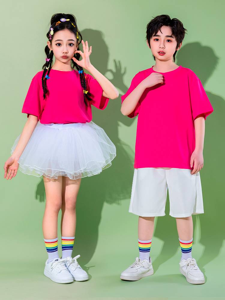 Children's candy -colored T -shirt performance service children's color graduation class clothes puffy yarn dance dance service cheerleader