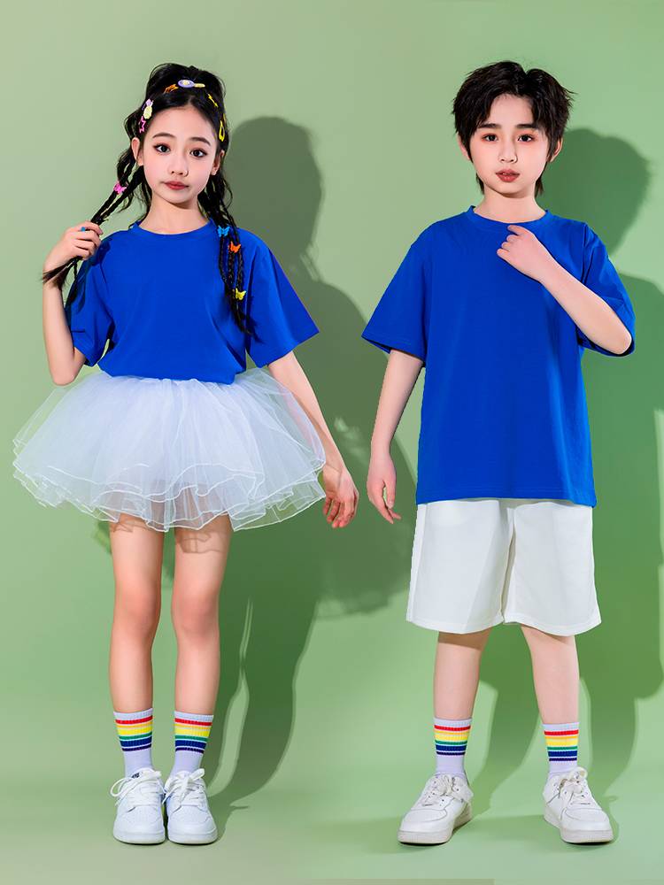 Children's candy -colored T -shirt performance service children's color graduation class clothes puffy yarn dance dance service cheerleader