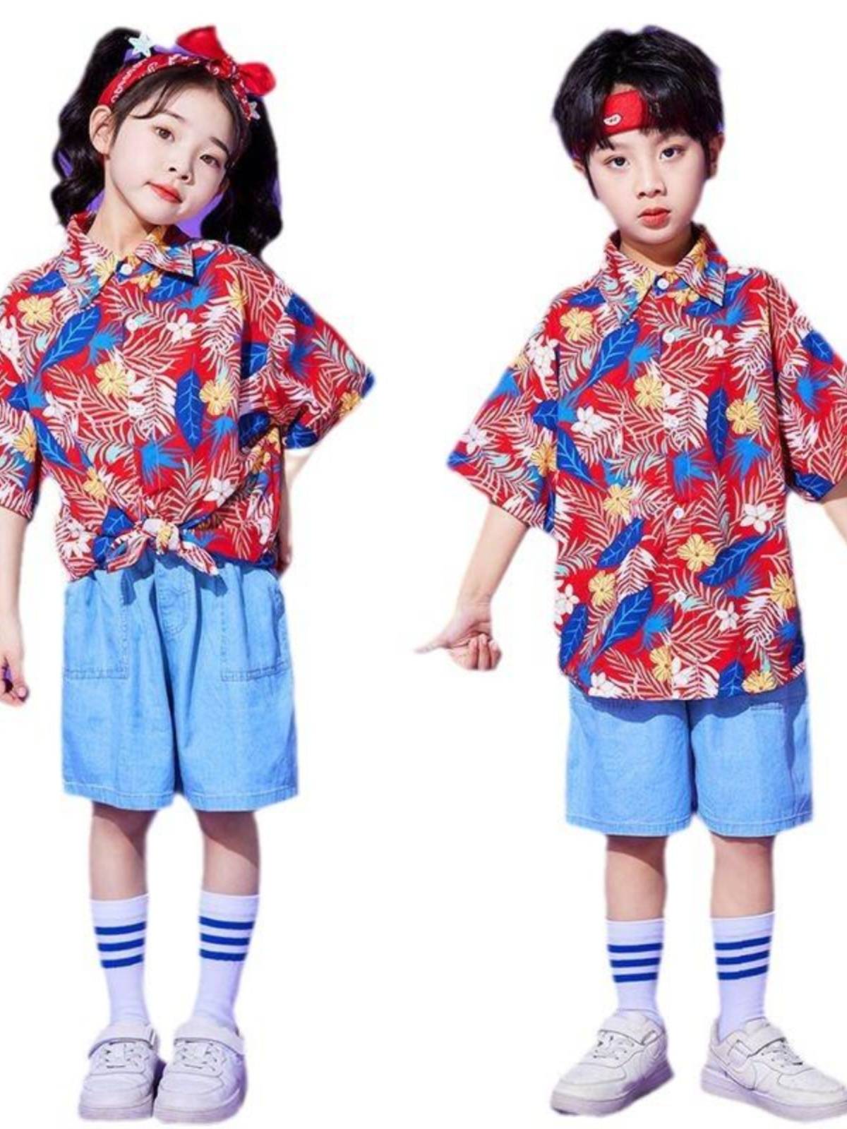 Children's Children's La La Team Short Sleeve Performance Service Hong Kong Wind Flower Shirt Set Kindergarten Men's and Women Primary School Games