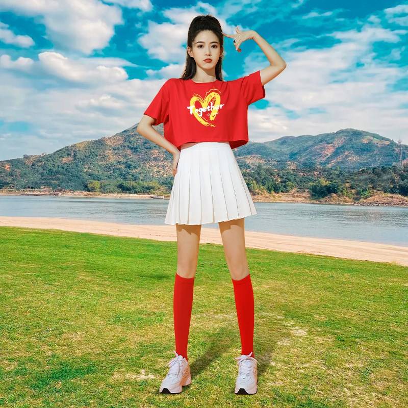 Factory sells new adult cheerleading teams U service dancing set Candy -colored short T -shirt Korean women's group health operation