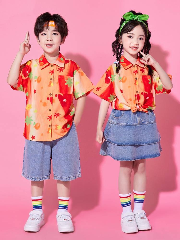 Summer Children's La Team Performance Server Primary School Student Class Server Performance Set Kindergarten Hong Kong Wind Shirt Steak
