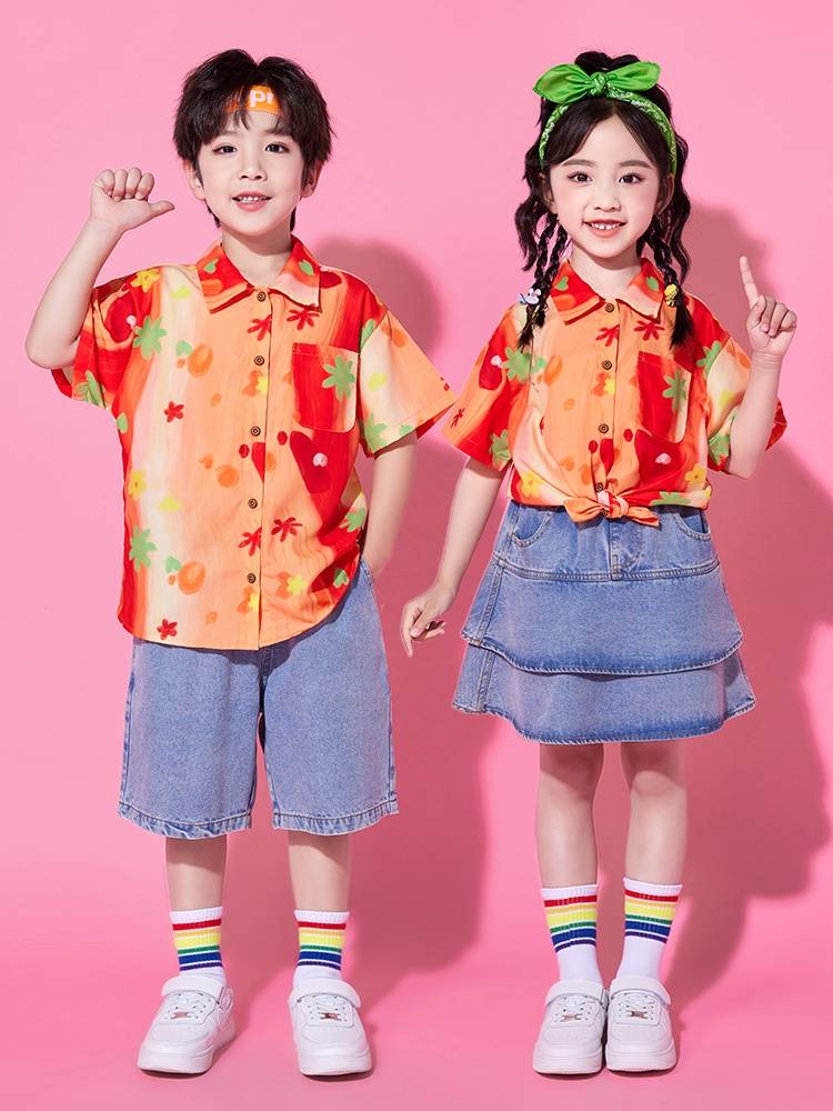 Summer Children's La Team Performance Server Primary School Student Class Server Performance Set Kindergarten Hong Kong Wind Shirt Steak