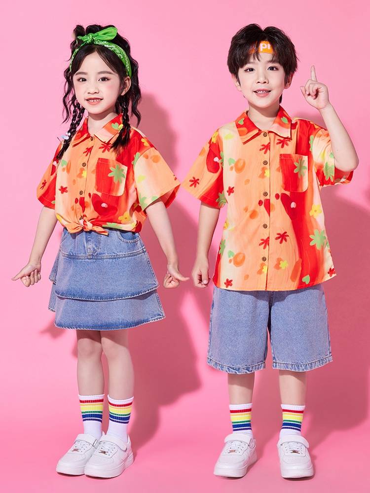 Summer Children's La Team Performance Server Primary School Student Class Server Performance Set Kindergarten Hong Kong Wind Shirt Steak