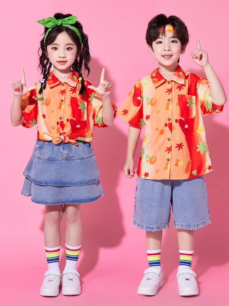 Summer Children's La Team Performance Server Primary School Student Class Server Performance Set Kindergarten Hong Kong Wind Shirt Steak