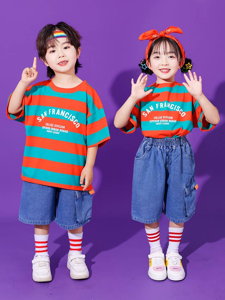Children's Children's La Team Performance Service Kindergarten denim jumpsuit Laqiao chorus graduation photo performance clothing