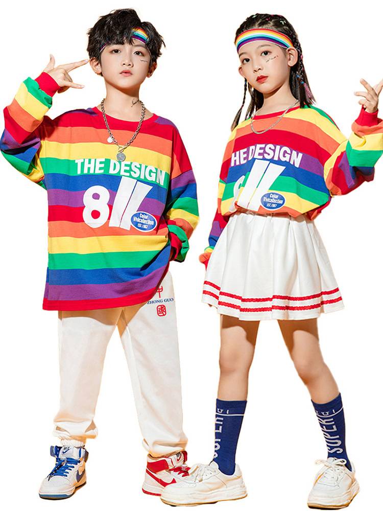Children's Lara team performed men's and women's group dance rainbow long -sleeved suit Student Jazz Modern Dance Performance