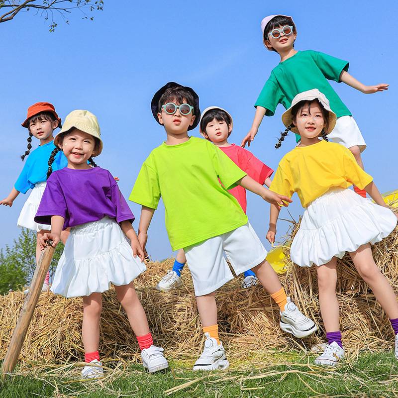 Kindergarten dance clothing Liuyi 1 Children's Day performance clothing candy -colored T -shirt elementary school student la la la cheales performance clothing