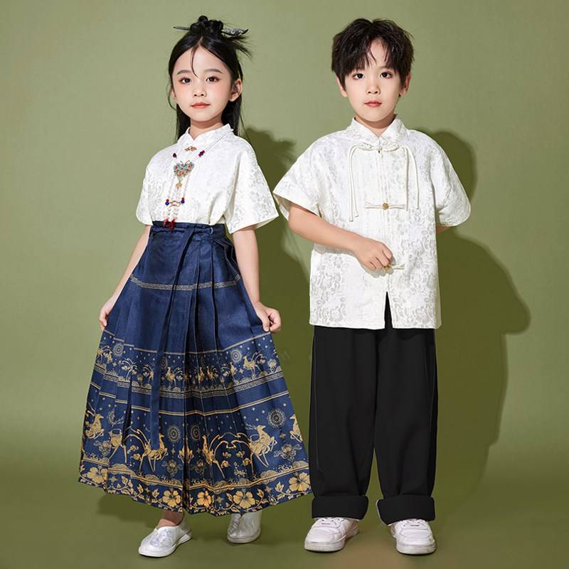 Liuyi La team performing clothes short -sleeved set Hanfu horse noodle skirt Classical dance performance graduation photos of clothing kindergarten