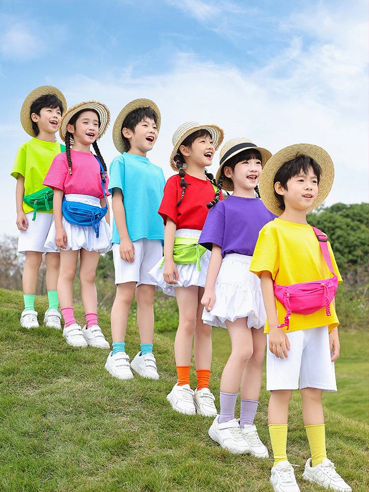 Kindergarten clothing short -sleeved T -shirt candy color Liuyi performance service elementary school students' class clothes cheerleader graduation photo clothing